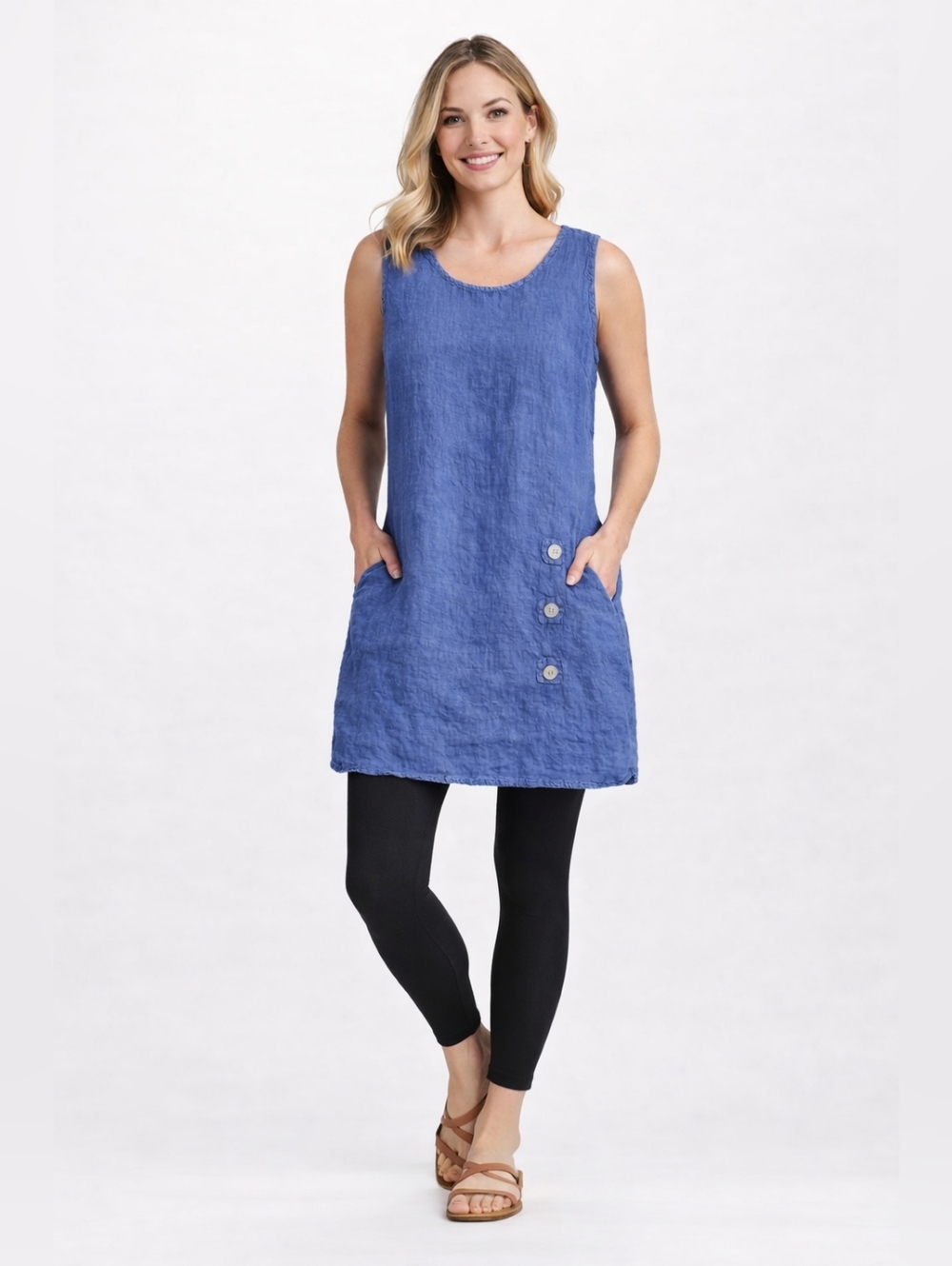 C. Valentyne 77 Italian Linen Tunic Dress T3 (M) Blue Sleeveless
